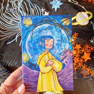 May include: A hand-painted canvas featuring a girl with blue hair wearing a yellow raincoat standing in front of a large moon and a dark forest. The background is a starry night sky with a purple and blue gradient.