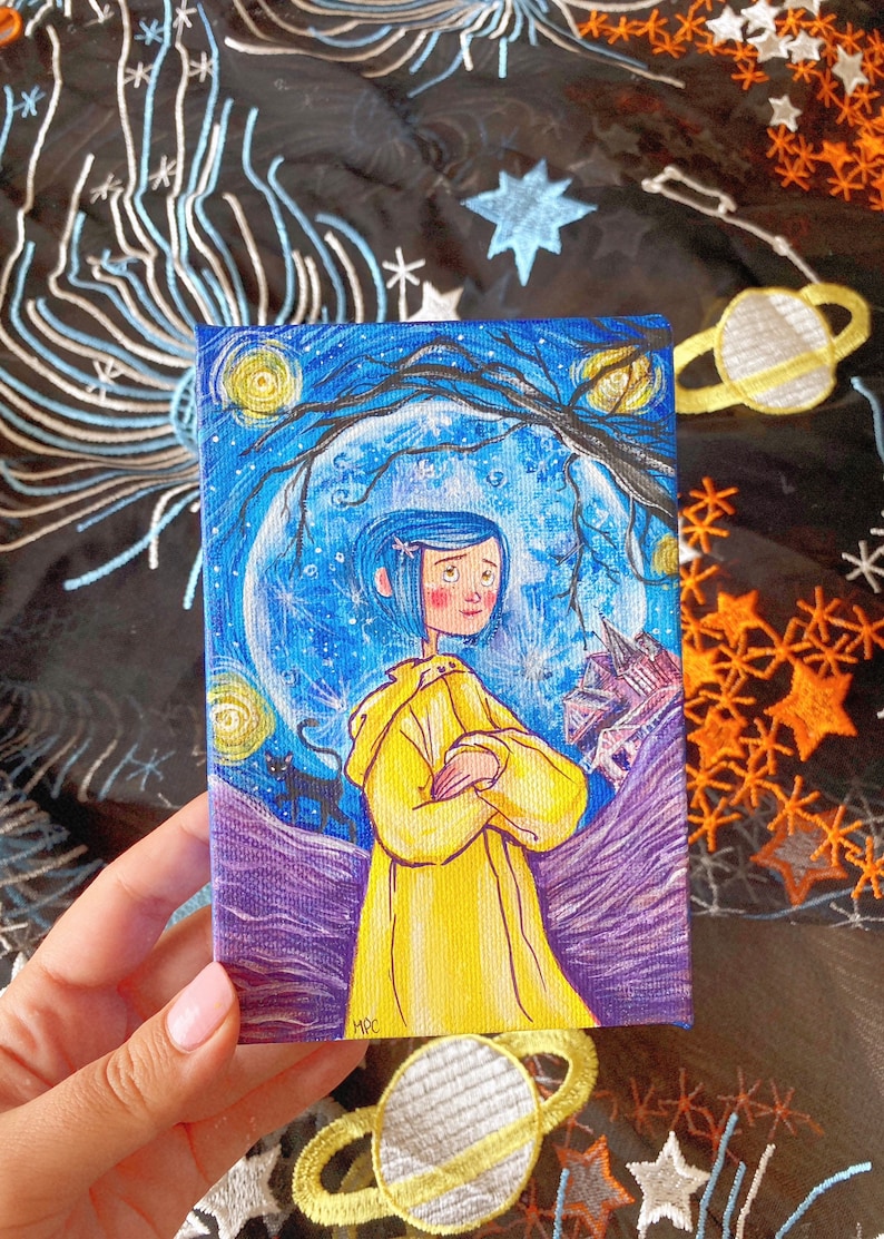 May include: A hand-painted canvas featuring a girl with blue hair wearing a yellow raincoat standing in front of a large moon and a dark forest. The background is a starry night sky with a purple and blue gradient.
