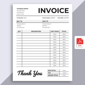 May include: A black and white invoice template with the word "INVOICE" in large bold letters at the top. The template includes sections for billing and shipping information, as well as a table for listing items, quantities, unit prices, and totals. The invoice also includes a section for sub-total, tax, and grand total.