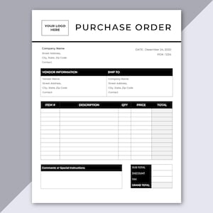 Plantilla de orden de compra - Plantilla editable de Microsoft Word - Formulario comercial profesional - Hoja de pedido - Formulario digital - Tamaño carta de EE. UU. y A4