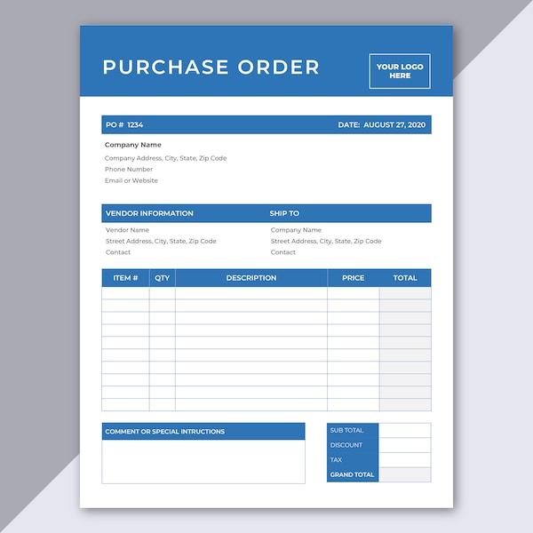 Purchase Order Template - Editable Microsoft Word Template - Professional Business Form - Order Sheet - Digital Form - US Letter & A4 Size