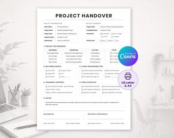 Modello di passaggio di consegne del progetto su Canva, modulo di approvazione del cliente, lista di controllo per la consegna del progetto, documento di completamento del progetto, formato A4 US Letter modificabile