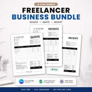 Może przedstawiać: Zestaw 3 w 1 dla freelancerów z szablonami faktur, ofert i paragonów. Szablony są w pełni edytowalne w Canva, automatycznie obliczane w Google Sheets i gotowe do druku w formatach A4 i US Letter. Oszczędź czas i zachowaj porządek.
