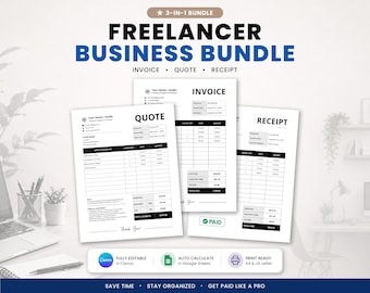 Paquete de herramientas para autónomos: Canva y Google Sheets, plantillas de facturas, presupuestos y recibos, formularios editables con cálculo automático.
