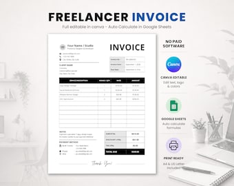 Plantilla de factura para freelancers (Canva y Google Sheets), cálculo automático, factura editable para pequeñas empresas, descarga instantánea.