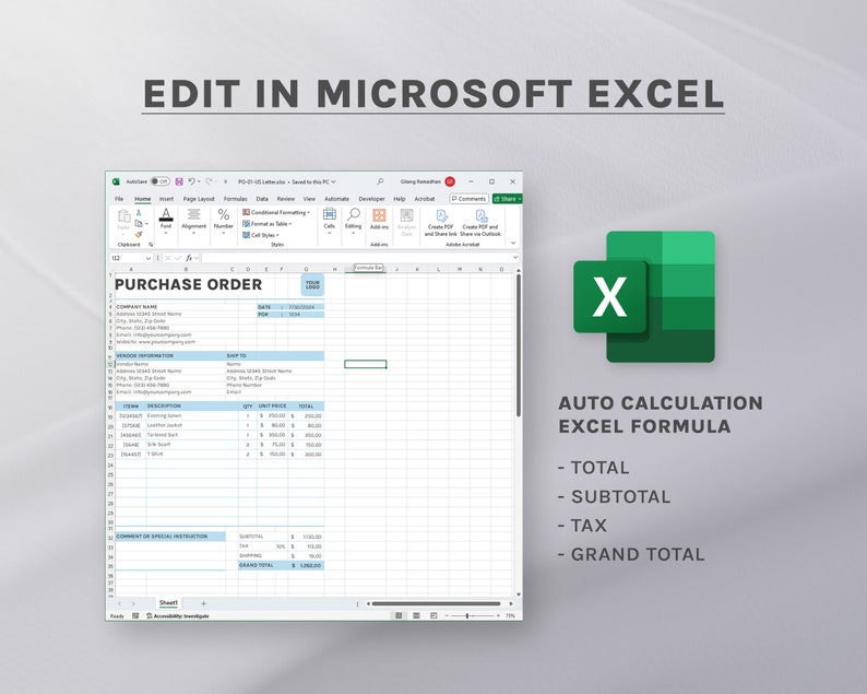 Purchase Order Template: Editable Form for Word & Excel - Etsy
