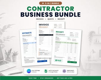 Paquete de herramientas para contratistas: Canva y Google Sheets, plantillas de facturas, presupuestos y recibos, formularios editables con cálculo automático.