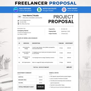 Peut inclure: Un modèle de document de proposition de projet freelance en noir et blanc comprenant des sections pour les informations sur l'entreprise, la portée des travaux, les services, le résumé des investissements et les conditions générales.