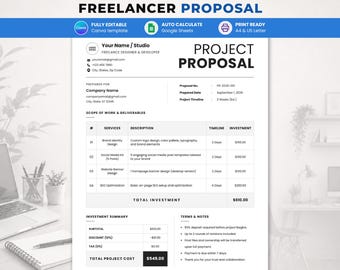 Plantilla de propuesta de proyecto freelance para Canva y Google Sheets, propuesta comercial editable, formulario con cálculo automático, tamaño A4 y Carta estadounidense.