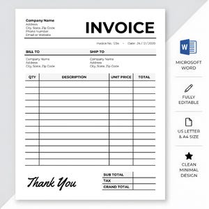 Puede incluir: Una plantilla de factura en blanco y negro con la palabra "INVOICE" en la parte superior. La plantilla incluye campos para la información de la empresa, los detalles de facturación y envío, y una sección para descripciones de artículos, precios unitarios y totales. El diseño es limpio y minimalista.
