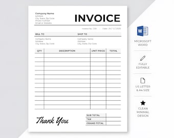 Plantilla de factura editable: Factura imprimible en Microsoft Word (tamaños A4 y Carta estadounidense)