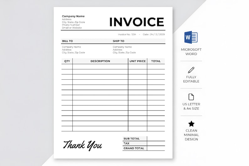 May include: A black and white invoice template with the word "INVOICE" at the top. The template includes fields for company information, billing and shipping details, and a section for item descriptions, unit prices, and totals. The design is clean and minimal.