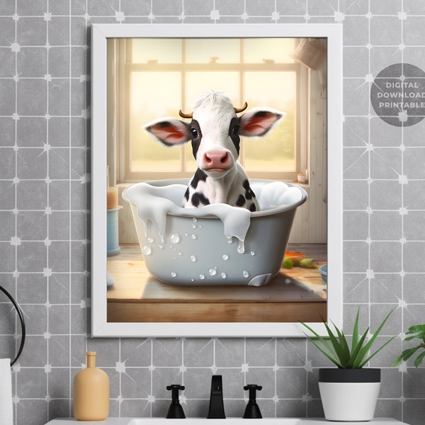 Cute Cow in Tub Printable Wall Art | Cow Photo | Funny Bathroom Wall Decor | Funny Animal Print | Cow Art | Digital Download