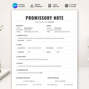 May include: A printable Promissory Note template document featuring sections for borrower and lender details, loan amount of $15,000.00, payment terms, interest rate of 5.00%, late fee of $50.00, and signature lines, formatted for US Letter size paper.