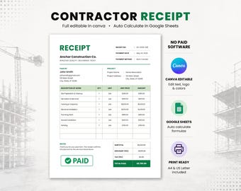 Plantilla de recibo de construcción para Canva y Google Sheets, formulario de recibo para contratistas, editable y con cálculo automático.