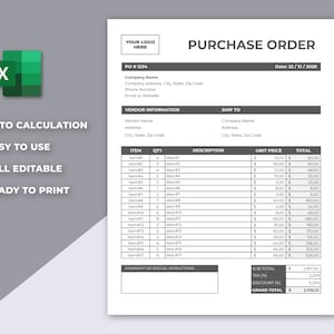Auto Calculation Purchase Order Excel Template (Printable)