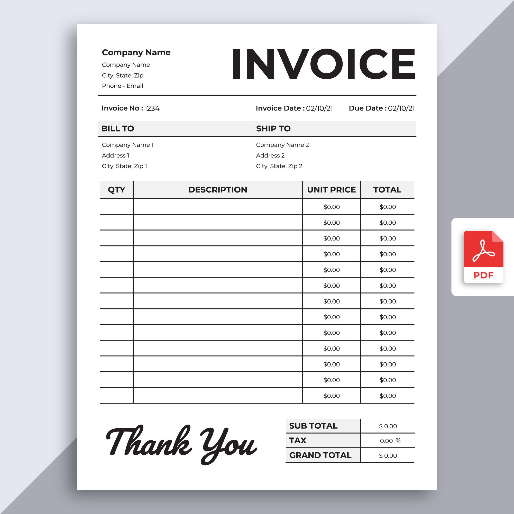 Invoice Editable Template - Fillable PDF - Professional Business Form ...