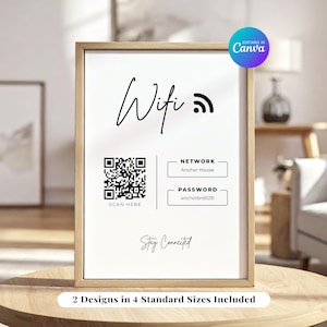 Puede incluir: Un letrero blanco enmarcado con texto negro que dice "Wifi" y un símbolo de Wi-Fi. Debajo hay un código QR y las palabras "Scan Here". El letrero también muestra el nombre de la red "Anchor House" y la contraseña "anchorbnb123".