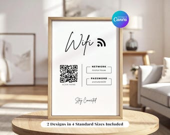 Letrero minimalista con código QR de Wifi, plantilla editable de Canva, decoración para habitaciones de huéspedes de Airbnb (descarga digital)