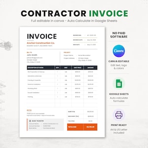 Peut inclure: Un modèle de facture blanc avec les mots "CONTRACTOR INVOICE" en haut. La facture comprend des sections pour les informations de l'entreprise, les coordonnées du client, une description des travaux et le total dû. La facture est modifiable dans Canva et calcule automatiquement dans Google Sheets.