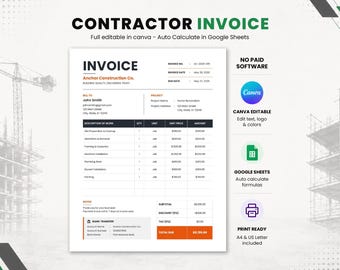 Plantilla de factura para contratistas en Canva y Google Sheets, plantilla de factura de construcción, factura editable, cálculo automático de factura, tamaño carta estadounidense A4