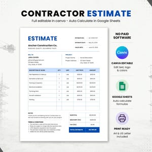 Pode incluir: Um modelo de estimativa de empreiteiro com o título "CONTRACTOR ESTIMATE" em azul. O documento inclui seções para detalhes do projeto, uma descrição do trabalho e uma estimativa total. O modelo é editável no Canva e calcula automaticamente no Google Sheets.