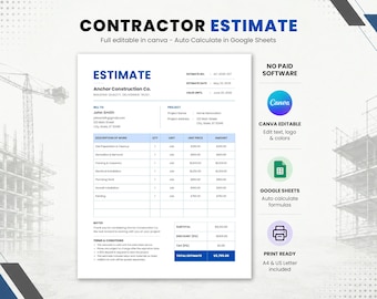 Plantilla de presupuesto para contratistas (Canva y Google Sheets), plantilla de presupuesto de construcción, formulario de presupuesto editable, cálculo automático, tamaño carta estadounidense A4.