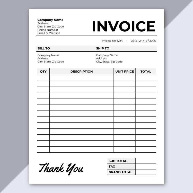 Invoice template printable invoice editable invoice receipt microsoft 