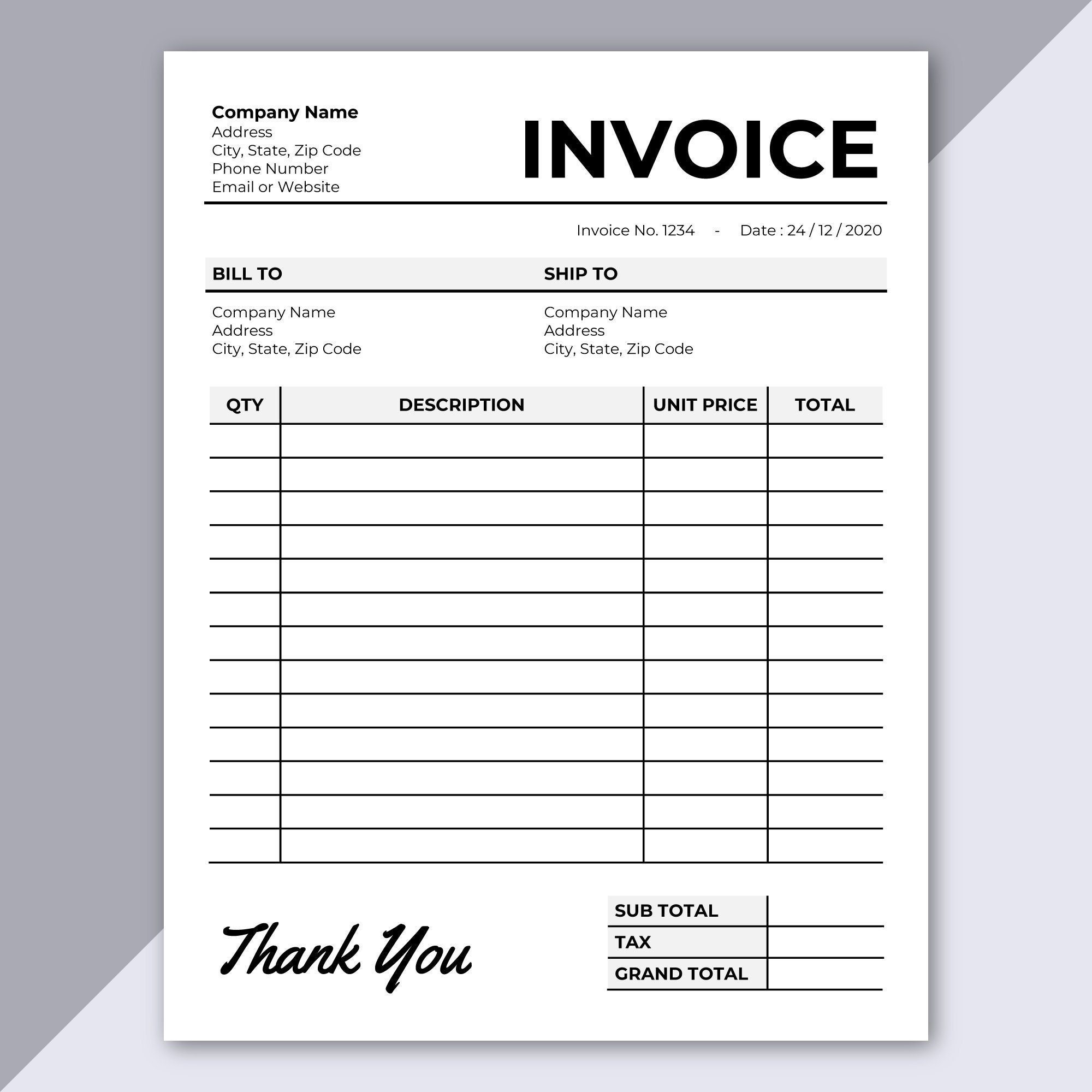 Invoice Template Printable Invoice Business Form Editable Invoice Receipt Microsoft Invoice