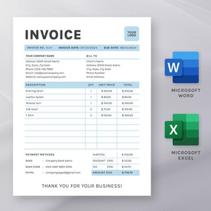 May include: A blue and white invoice template with the words "INVOICE" and "THANK YOU FOR YOUR BUSINESS!"  The invoice includes a description of items, quantity, unit price, and total.  Payment methods include bank and PayPal.