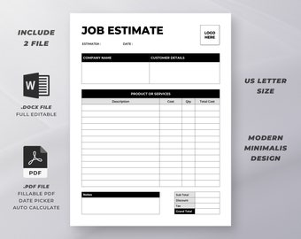 Plantilla de formulario de presupuesto de trabajo: Diseño minimalista (PDF y Word)