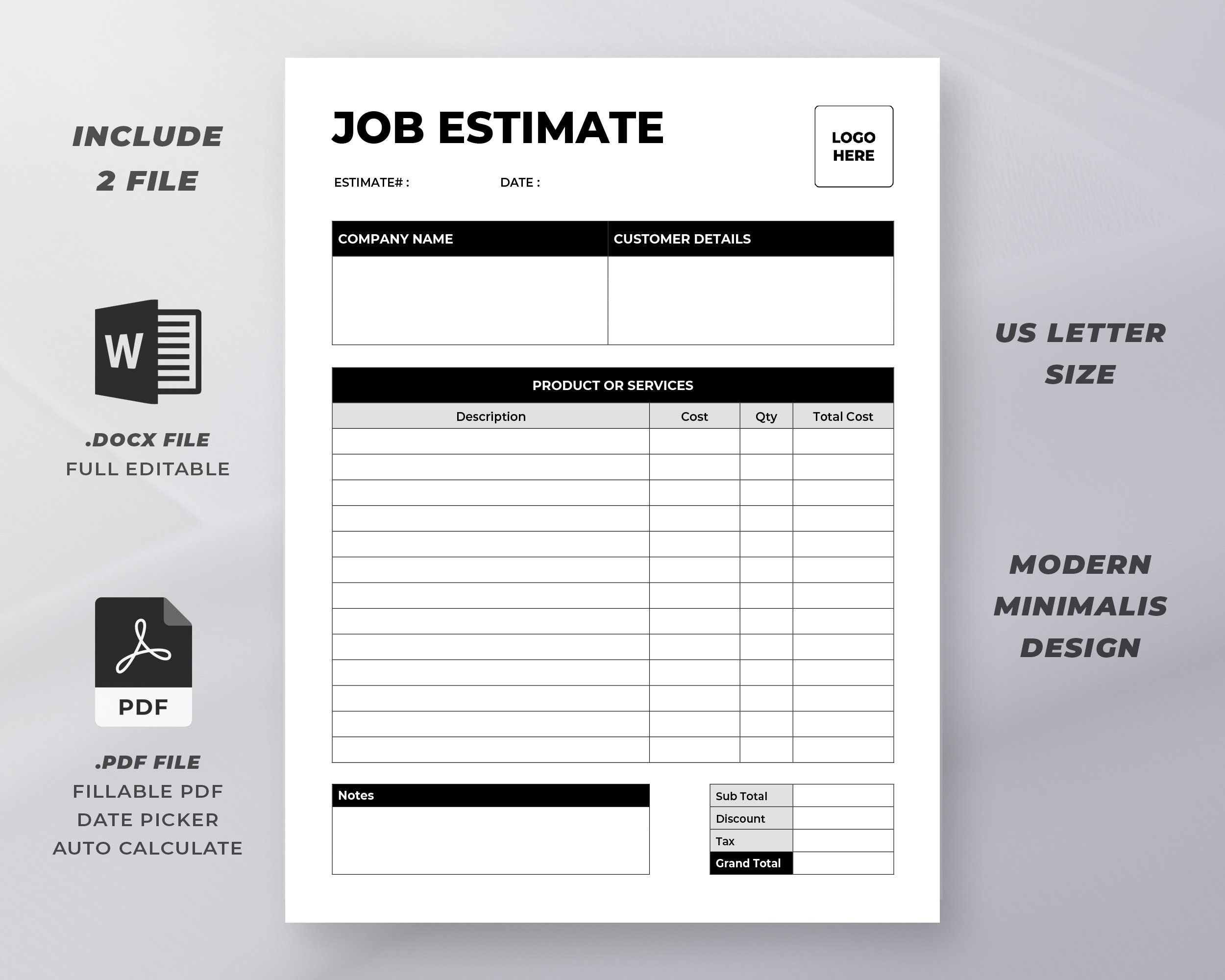 Job Estimate Form Template Editable Estimate Template Printable