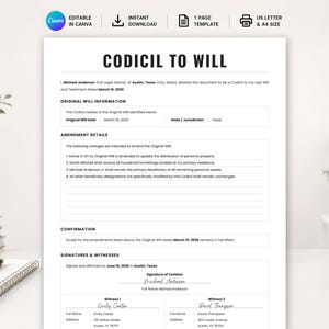 May include: A Codicil to Will legal document template with black text on a white background. The form includes sections for original will information, amendment details, confirmation, and signatures with witness fields for a testator named Michael Anderson.