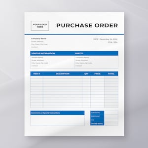 Plantilla de orden de compra - Plantilla editable de Microsoft Word - Formulario comercial profesional - Hoja de pedido - Formulario digital - Tamaño carta de EE. UU. y A4