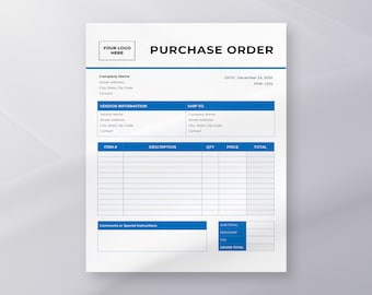 Purchase Order Template - Editable Microsoft Word Template - Professional Business Form - Order Sheet - Digital Form - US Letter & A4 Size