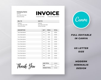 Plantilla de factura editable: Diseño minimalista moderno (Carta EE. UU., Canva)