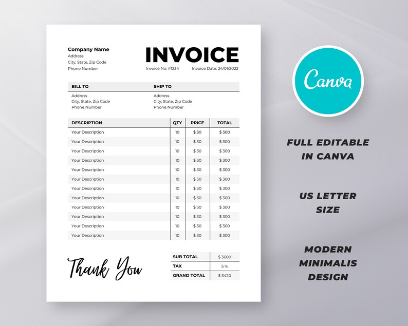 Invoice In Cursive Editable Invoice Template: Modern Minimalist Design (US Letter, Canva ...