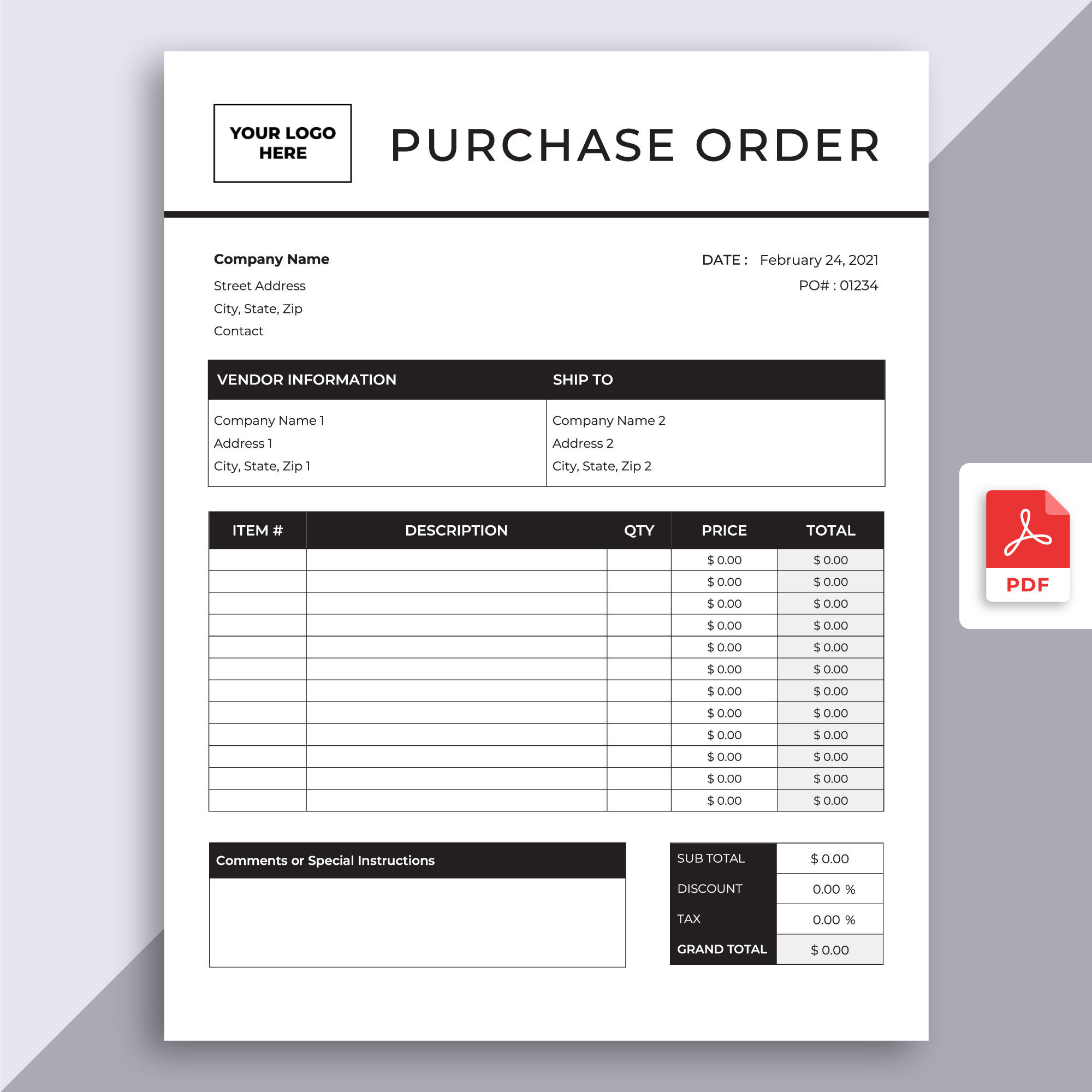 Purchase Order Template Fillable PDF Editable Professional Business
