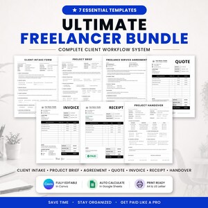 May include: A digital bundle of 7 essential business templates including a client intake form, project brief, service agreement, quote, invoice, receipt, and project handover. The documents feature black text on white backgrounds with blue accents.