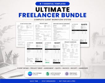 Ultimate Freelancer Bundle Canva, Invoice Quote Receipt, Service Agreement, Client Intake Form, Project Brief Template, Google Sheet