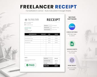 Plantilla de recibo para autónomos (Canva y Google Sheets), cálculo automático, recibo editable para pequeñas empresas, descarga instantánea.