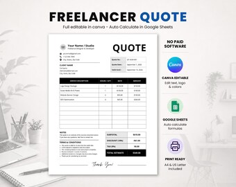 Plantilla de presupuesto para freelancers en Canva y Google Sheets, formulario de presupuesto con cálculo automático para pequeñas empresas, presupuesto editable, descarga instantánea.