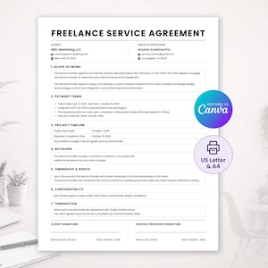 May include: A black and white freelance service agreement document template with sections for scope of work, payment terms, project timeline, revisions, ownership, confidentiality, and termination, featuring Canva, US Letter, and A4 icons.