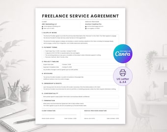 Plantilla de contrato de servicios freelance en Canva, contrato de cliente editable, formulario de contrato freelance, tamaños A4 y carta estadounidense.