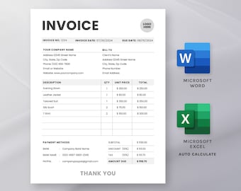 Plantilla de factura profesional / Formato editable en Word y Excel / Factura comercial personalizable / Diseño minimalista simple / Imprimible