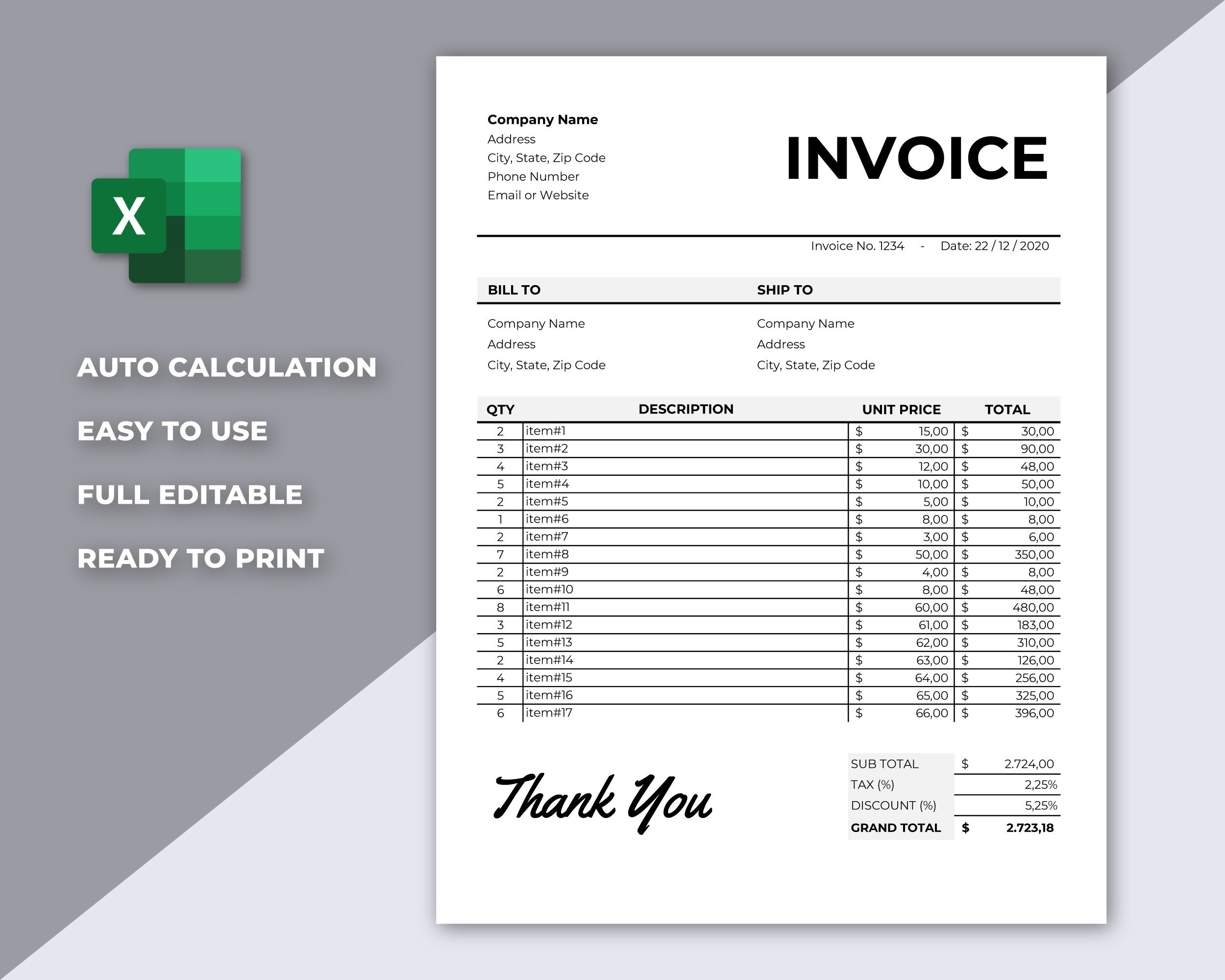 Invoice Template Excel Auto Calculation Editable Invoice Etsy
