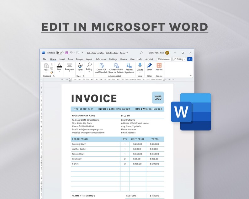 Invoice Template Professional Minimalist Design Printable & Fully
