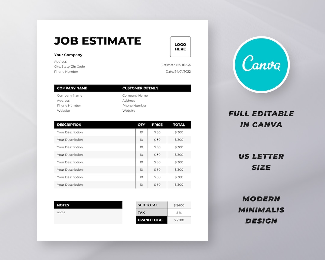 CANVA Job Estimate Form Template - Editable Estimate Template ...