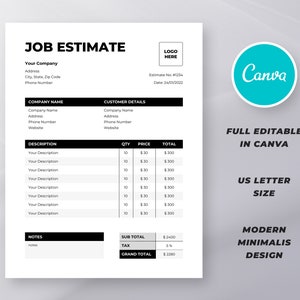 Editable Job Estimate Form Template: Modern Minimalist Design (Canva Template)