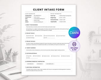 Plantilla de Canva para formulario de admisión de clientes, formulario de incorporación de clientes, cuestionario para nuevos clientes, plantilla para freelancers, tamaño carta estadounidense A4